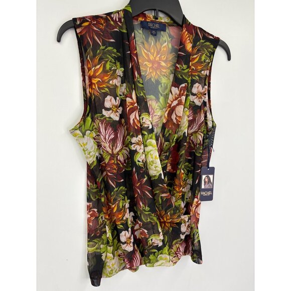 Rachel By Rachel Roy Mesh Floral Sleeveless Faux Wrap Black Multi Medium NEW - Picture 2 of 6
